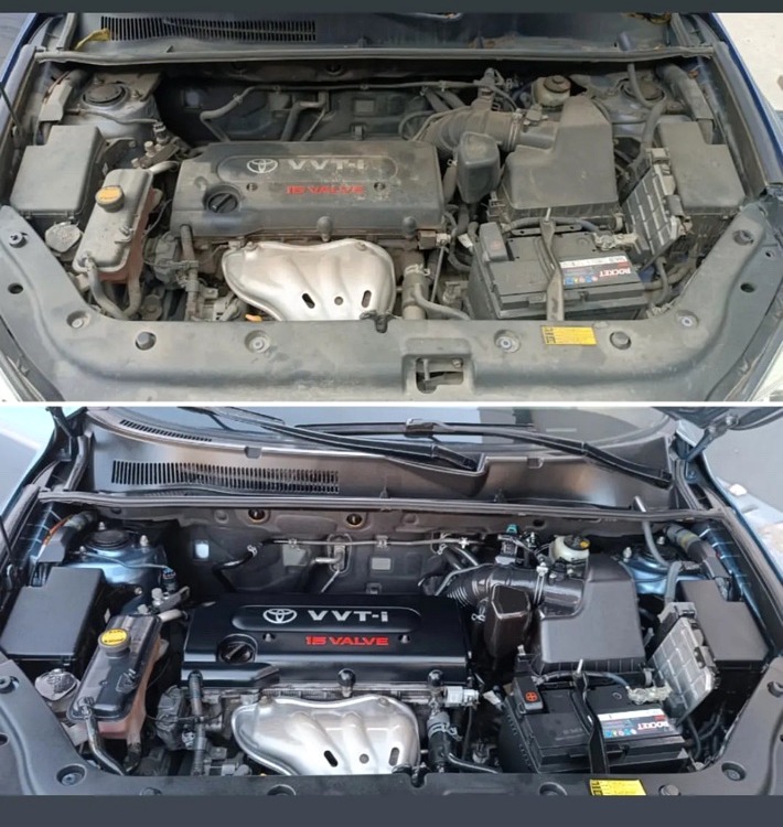 Waterless engine cleaning: original before image above and after image below