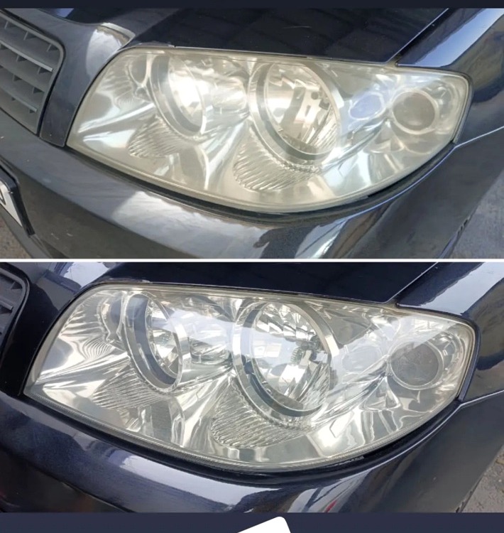 Headlight restoration: original before image above and after image below